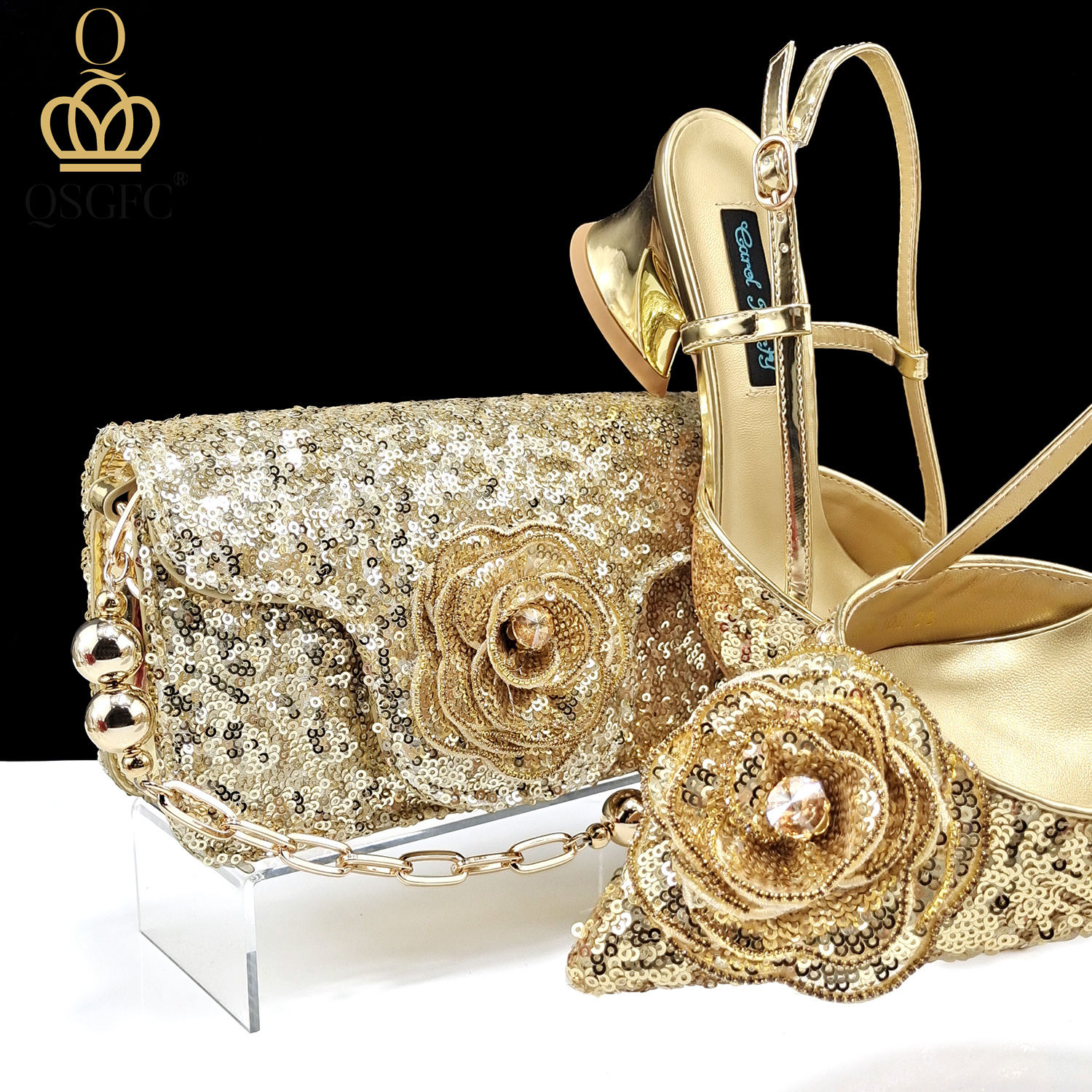 Luxury Bags And Shoes - QSGFC Shiny Gold Color Shoes and